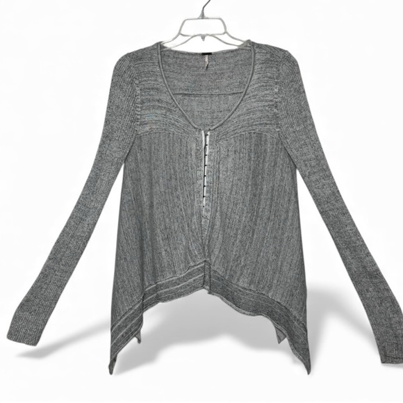 Free People Never Again Ribbed Cardigan Gray Asym Hem Small - Picture 2 of 15